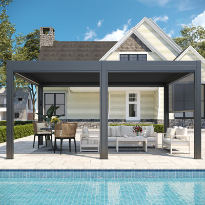 Pergola d'extérieur 12 pi x 16 pi avec lumières DEL, pavillon de jardin en aluminium avec persiennes motorisées et écrans latéraux pour le patio, la cour et la piscine, noir