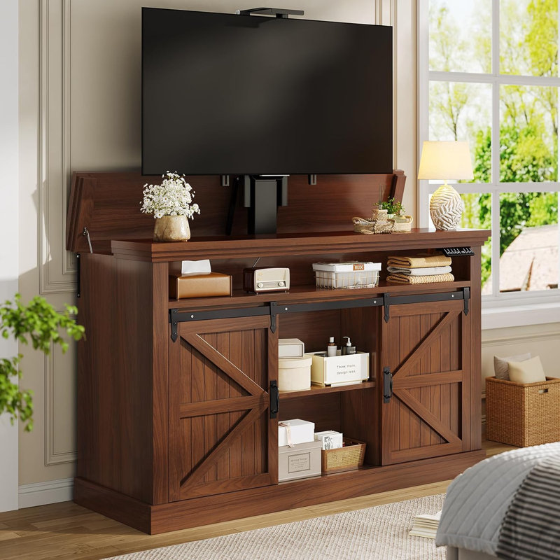 Lift Tv Stand For 55-60”Tvs, Farmhouse Tv Stand And Entertainment Center, Brown