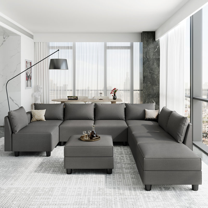 Linen Modular Sectional Sofa L Shaped Extra Deep Seats Couch  with Storage Ottomans, Gray Linen
