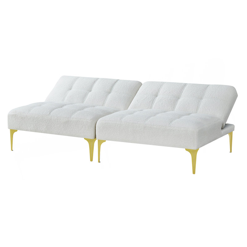 Convertible Sofa Bed Futon With Gold Metal Legs Teddy Fabric (White), White