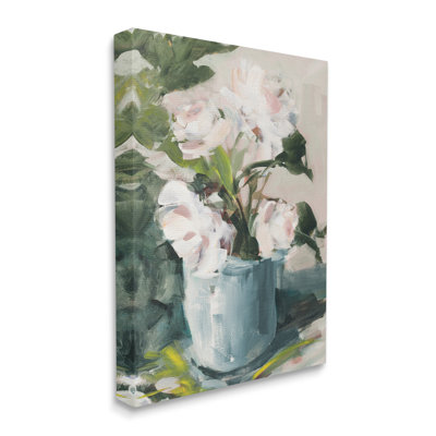 Ae-587 " Impressionist Potted Flowers Green Leaves Pink Petals "
