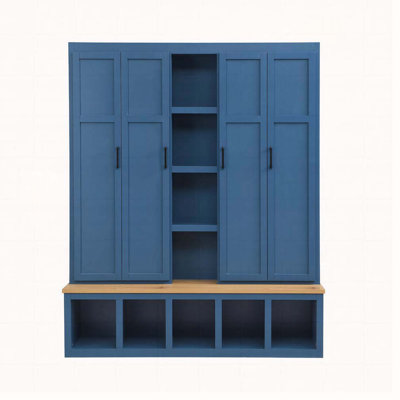 62.9"Wide Farmhouse Hall Tree with 6 Hooks, Open Compartments, Entryway Shoe Cabinet with Seating Bench for Living Room, Hallway