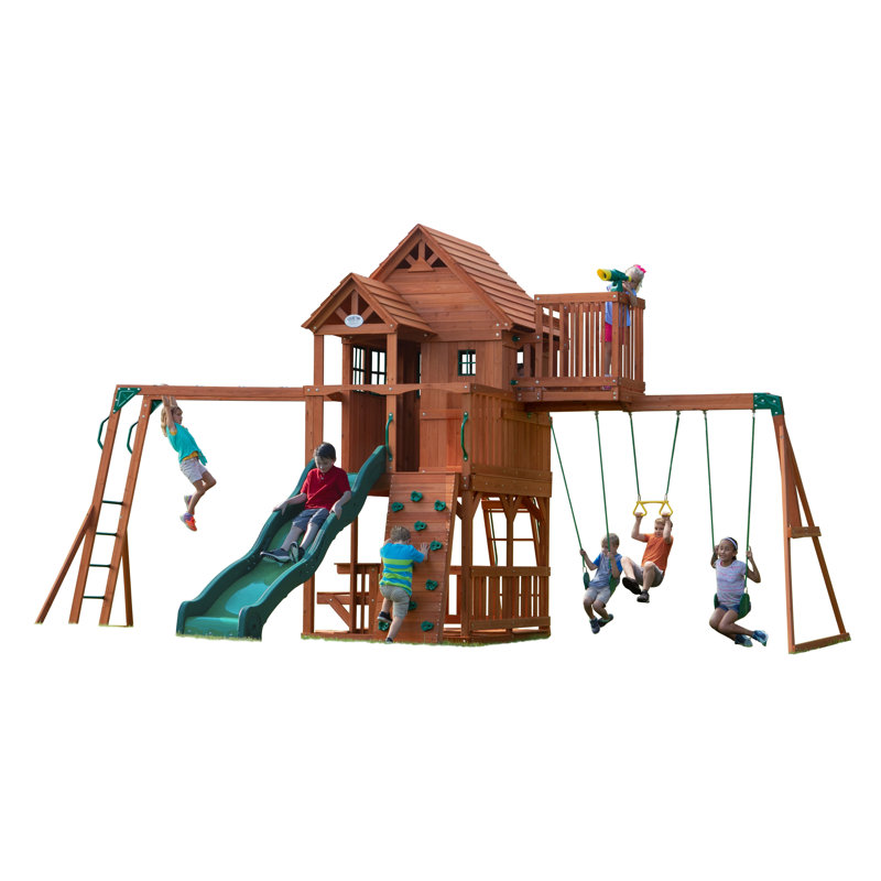 Backyard Discovery Skyfort II Cedar Wood Climbing Frame with 2 x Swings, Trapeze, Monkey Bars and Slide