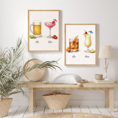 His and Hers Cocktail Drinks Framed Wall Art Prints Set of 2 - Bar Illustration Kitchen Dining Room