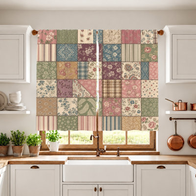 2Pcs Patchwork Floral Curtains, Light Filtering Fabric, Vintage Country Style, Privacy Protection, Rod Pocket Design, for Living Room Bedroom Balcony Kitchen Home Decor