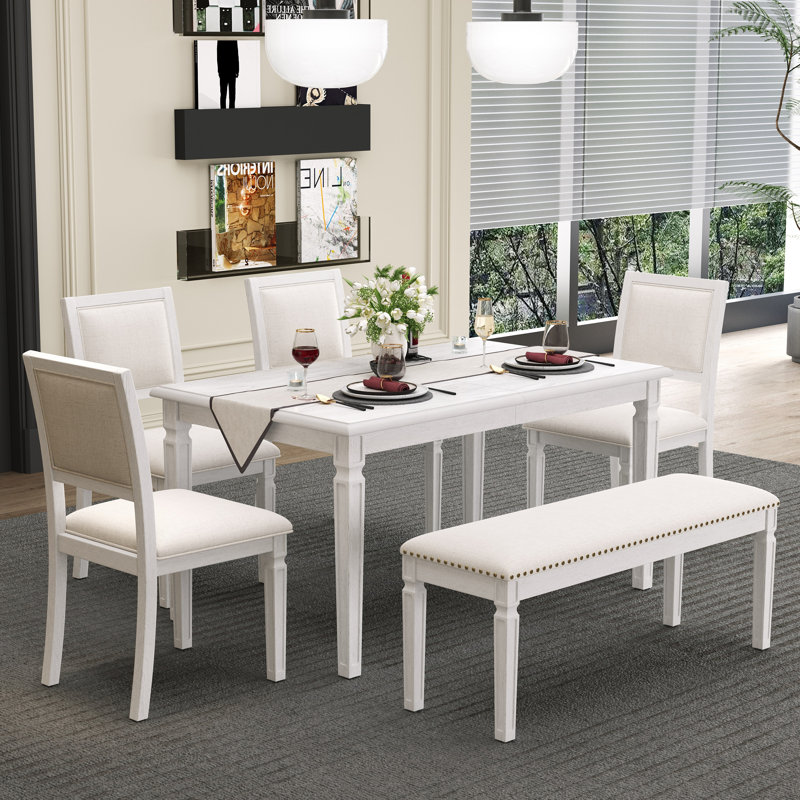 Ensemble de salle à manger extensible 6 pièces avec 4 chaises et un banc, Blanc