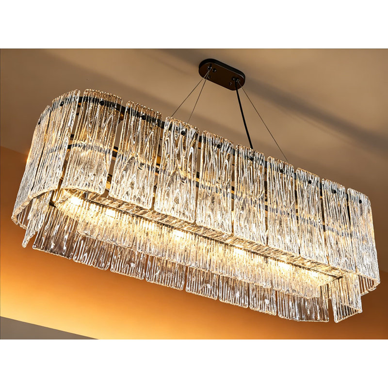 Lustre linéaire moderne noir avec verre en cristal fait à la main, luminaire suspendu rectangulaire à 6 lumières pour îlot de cuisine et salle à manger