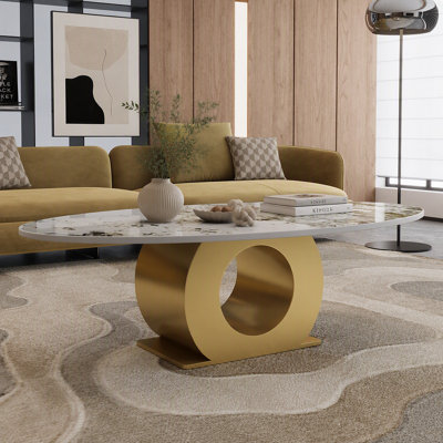 Table basse ovale moderne en pierre frittée de 49,2 po avec base en acier inoxydable