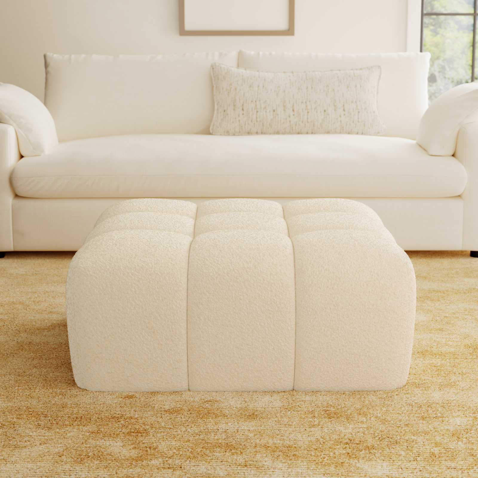 Haring Upholstered Ottoman, Cream Boucle