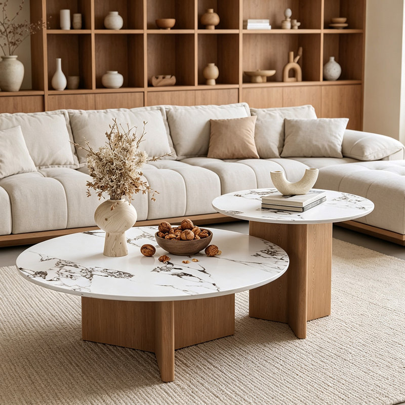 Ensemble de tables basses Simple Round Casual Home, 14.96" H x 35.43" W x 35.43" D, Black Top/Nut-brown Base, Marbre