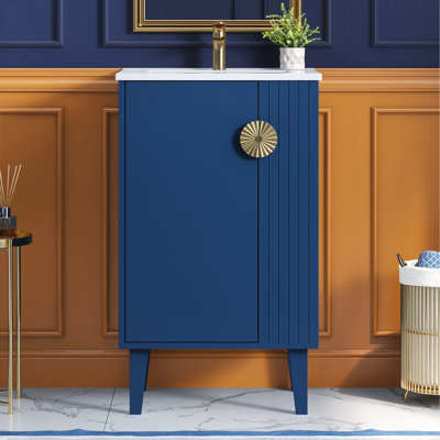 20-Inch Bathroom Vanity With Ceramic Sink, Freestanding Single Vanity Set With Soft Closing Door, Chic Half-Moon Pulls, French Style, Blue