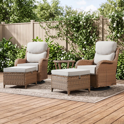 Ensemble de 5 pièces pour patio comprenant un fauteuil pivotant, un repose-pieds, une table d'appoint, des coussins ultra-moelleux de 15 cm et un tissu oléfine résistant à l'eau.