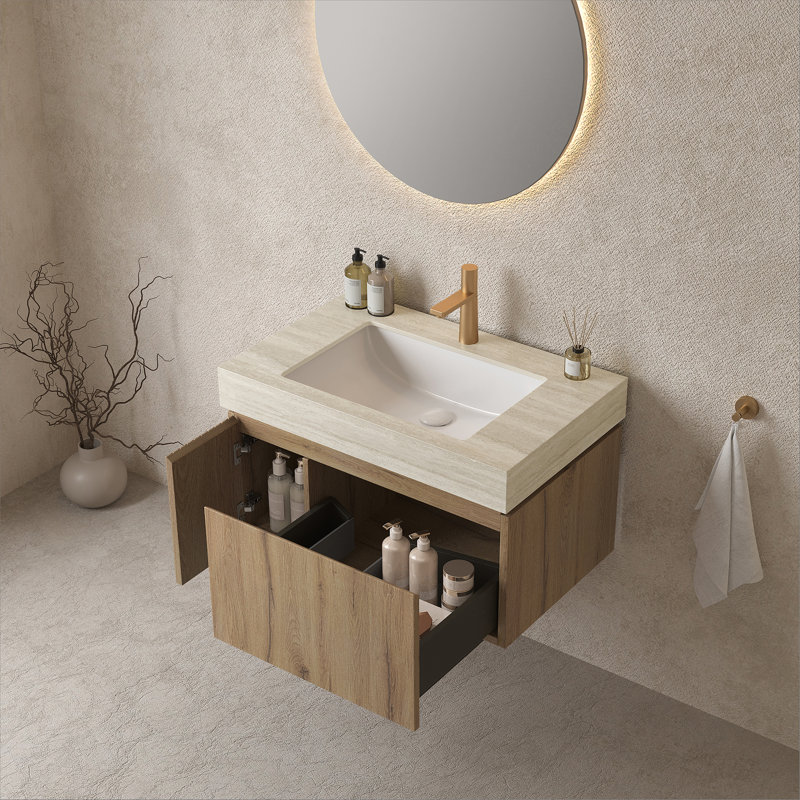 Meuble-lavabo de salle de bain avec lavabo, armoire de rangement murale avec tiroir et porte, Chêne blanc