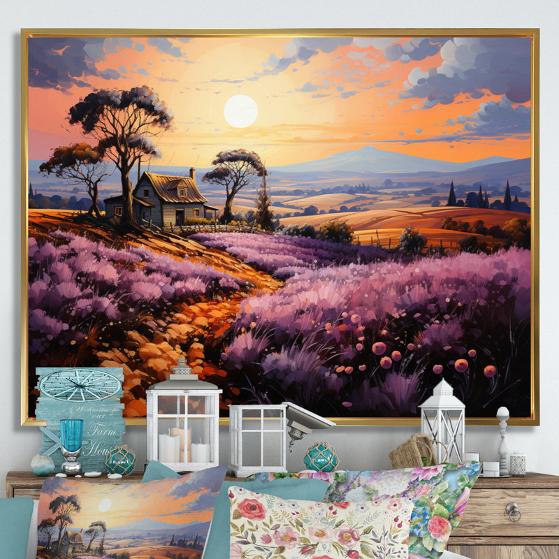 «Countryside Lavender Landscape Patchwork IV», reproduction sur toile, Cadre flottant doré, H 12 po x l 20 po x P 1 po