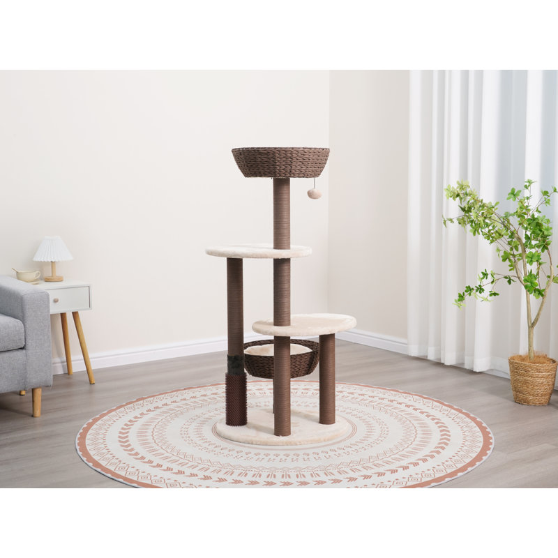 PetPals 48.5" Brown and White Sisal Cat Tree with Plush Perches