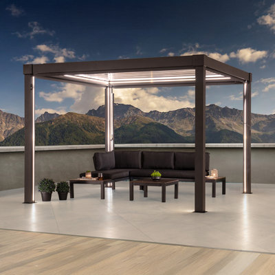 Sunjoy 3m x 3m or 3m x 4m Electric Louvered Pergola with Solar LED Lights, Remote Weatherproof Adjustable Rainproof Aluminum Hardtop Gazebo, with Drainage System, Water and UV Proof