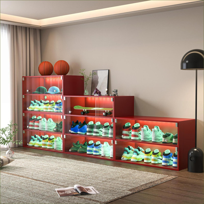 Armoires | Armoire à chaussures de rangement empilable pour 6 paires de chaussures, porte en verre rouge cramoisi, fabrication en bois, lumières à changement de couleur RVB | Panneau de particules | Chambre à coucher