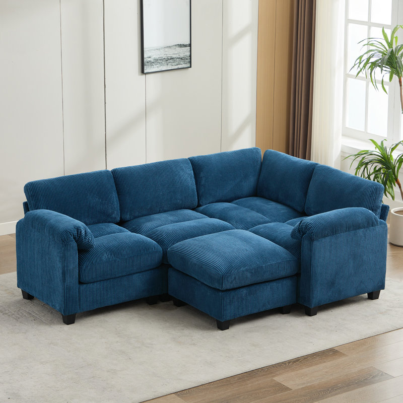 Canapé modulaire réversible 5 pièces avec repose-pieds 5 pièces, Velours côtelé bleu marine
