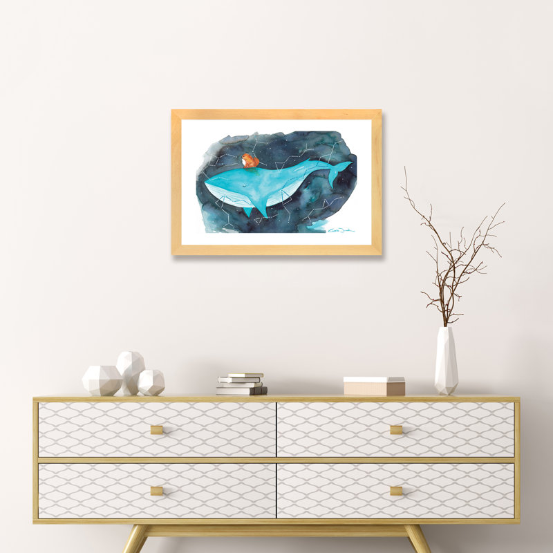 Baleine Pomi - imprimé, H 16 po x l 24 po x P 1 po, Papier avec cadre beige, Blanc