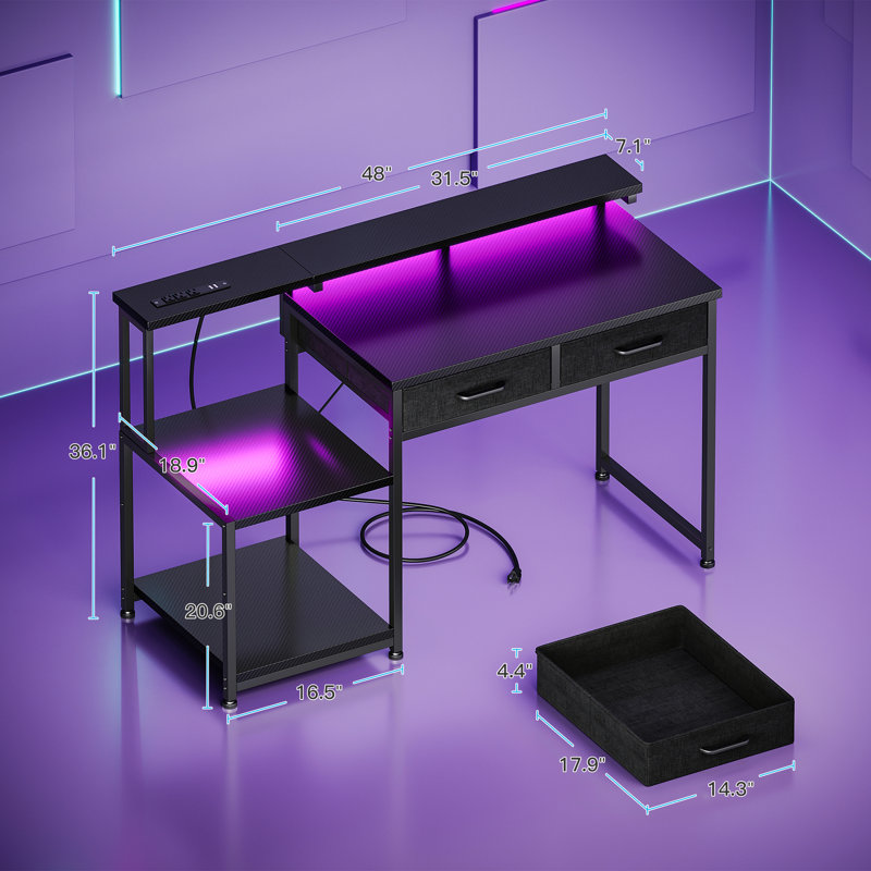 Computer Desk With Recessed Power Outlet And 2-tier Fabric Drawers,gaming Desk With Led Lights, Office Desk With Printer Storage Shelves, Reversible Desk With Monitor Shelf