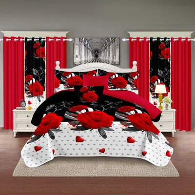 Ensemble de literie et rideaux 9 pièces pour très grand lit rose rouge et cœur (simple / grand / très grand / très grand californien) - Couvre-lit matelassé en microfibre + voilages
