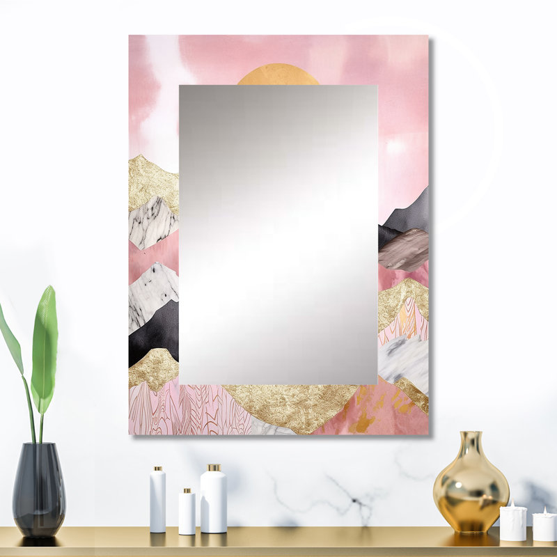 «Vibrant Mountain», «V», décor de miroir mural unique, grand miroir rose, impression d'art en métal, 32 po x 24 po
