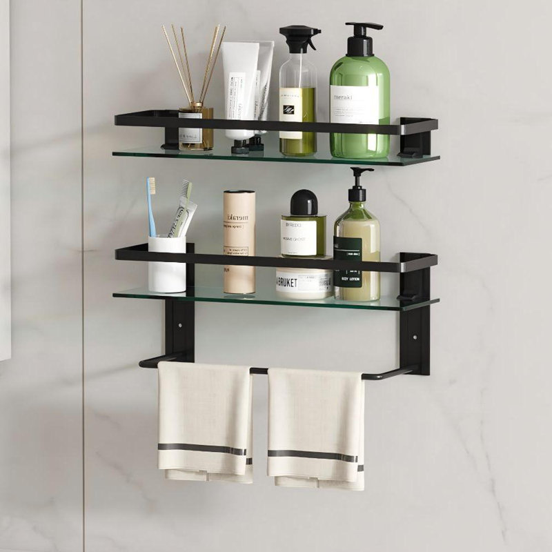 2-tier Tempered Glass Shelves - 15.7 Inch Wall-mounted With Towel Rack, Rustproof Frame, Silver