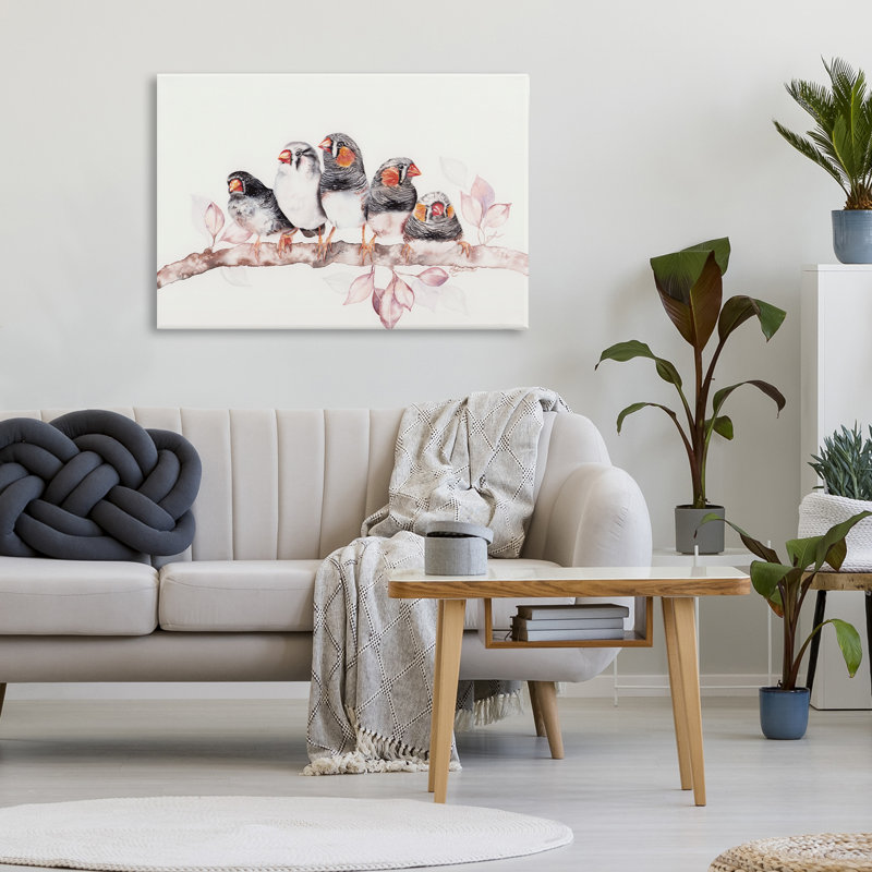 Cinq oiseaux sur une toile, par Cady, H 20 po x l 30 po