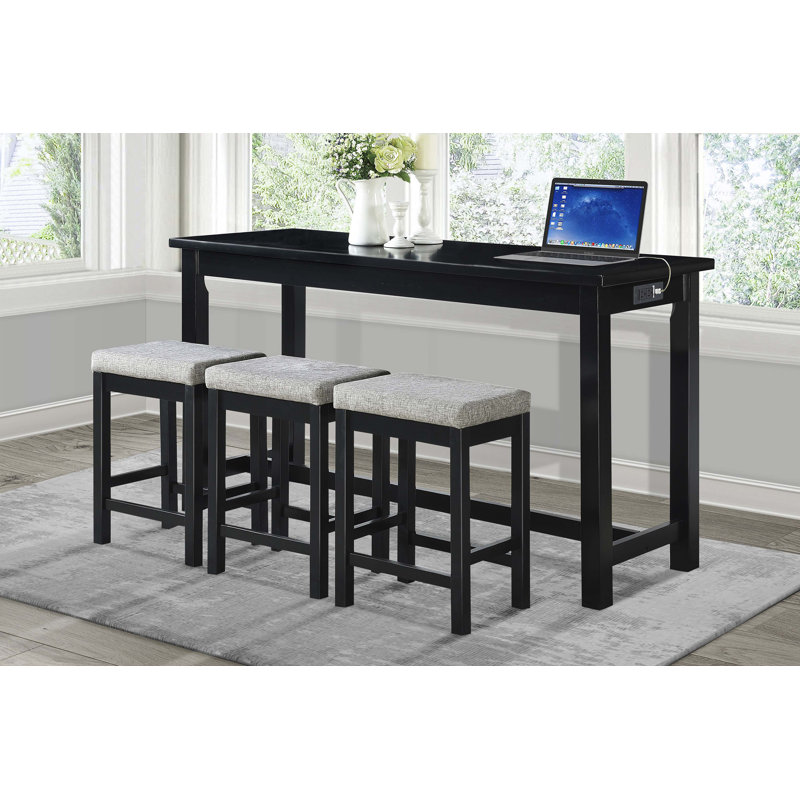 Ensemble de salle à manger 4 pièces à hauteur de comptoir avec tiroir et ports USB intégrés et 3 tabourets, Noir, Noir