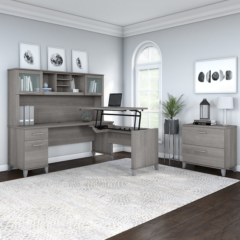 Bureau debout en L avec rehausse Magomed, Gris platine