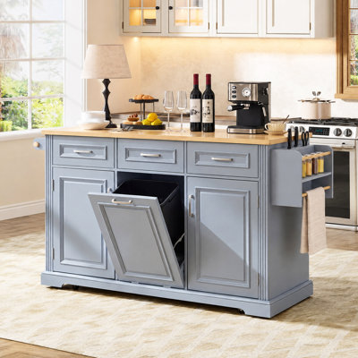 64.6" 2 Doors Large Kitchen Island with Trash Can Storage 3 Drawers, Island Table with Drop Leaf