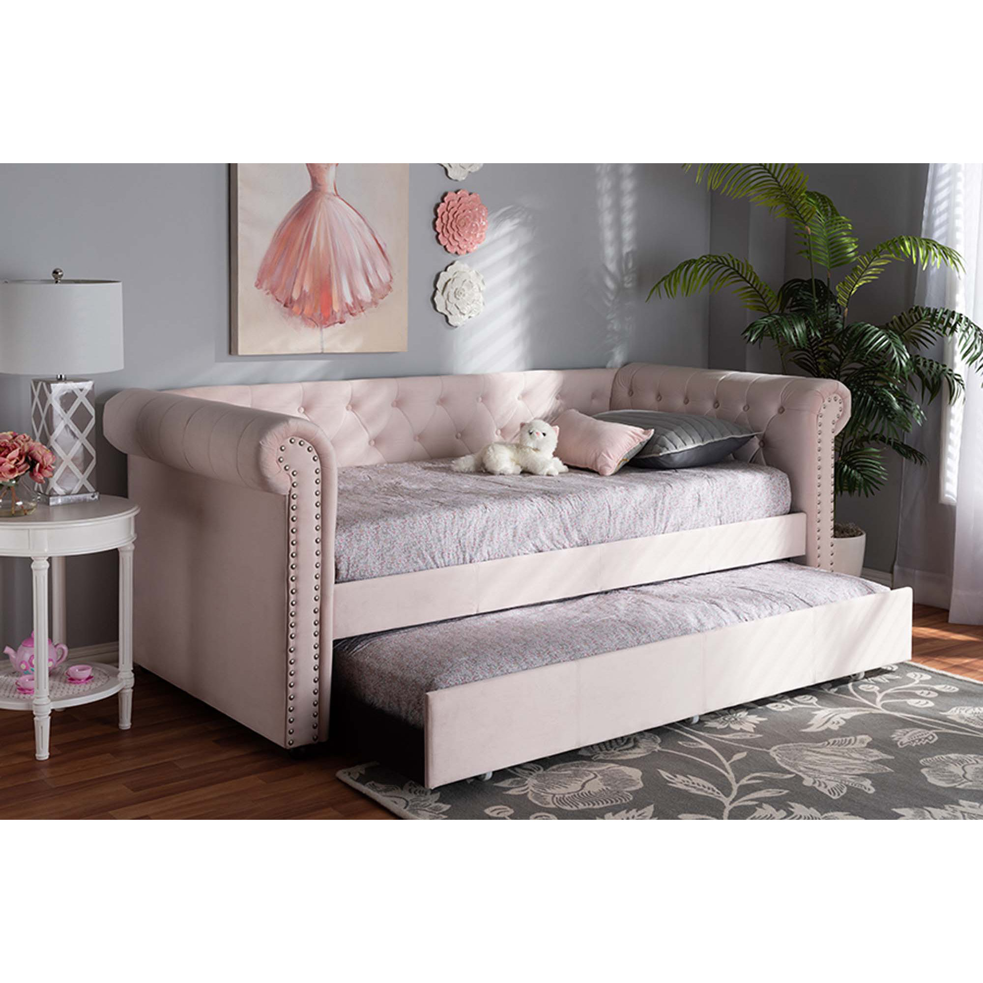 Mynard Upholstered Daybed with Trundle - Twin, Pink
