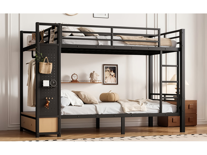 Lit superposé simple TG au-dessus de simple TG pour ados avec tablettes de rangement, tiroirs et panneau perforé, noir