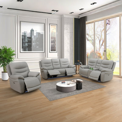 Power Recliner Living Room Sofa Loveseat And Chair Set - Breathing Leather Light Gray