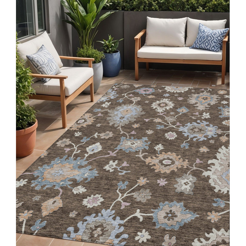 Tapis extérieur lavable floral beige et bleu 5 pi x 8 pi chocolat