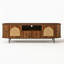 Meuble télé de style américain U-Can avec portes arquées en rotin, tiroirs, rangement dissimulé, pieds en acier, coins arrondis