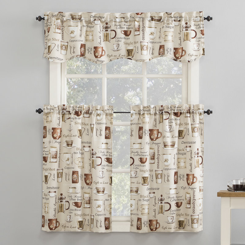 Debrah Coffee Shop Semi-Sheer Rod Pocket Kitchen Curtain Valance and Tiers Set, 54" W x 24" L