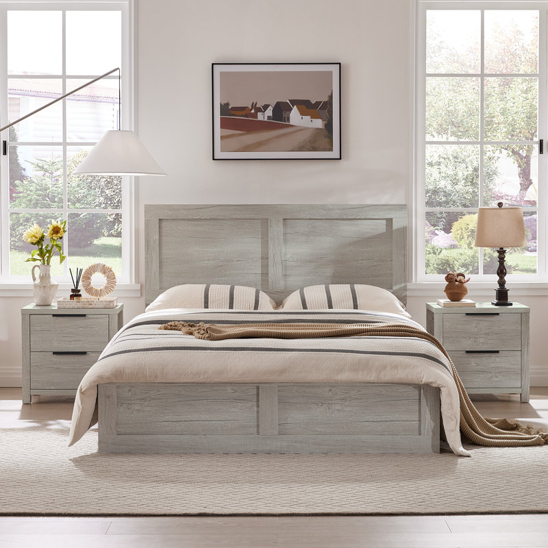 Farmhouse High Headboard Wood Platform Bed, Light Gray, Queen