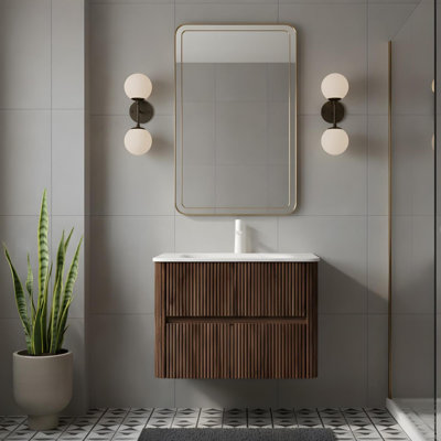 30" Wall-Mounted Floating Plywood Bathroom Storage Cabinet with 2 Drawers, Cara White Sintered Stone Basin