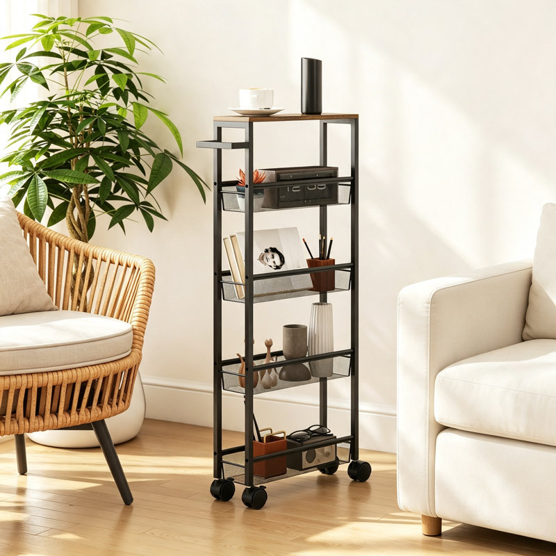 5 Tier Slim Storage Trolley with Wheels Metal Kitchen Cart with Wood Effect Top and Handle for Kitchen Bathroom Laundry Room Bedroom Black