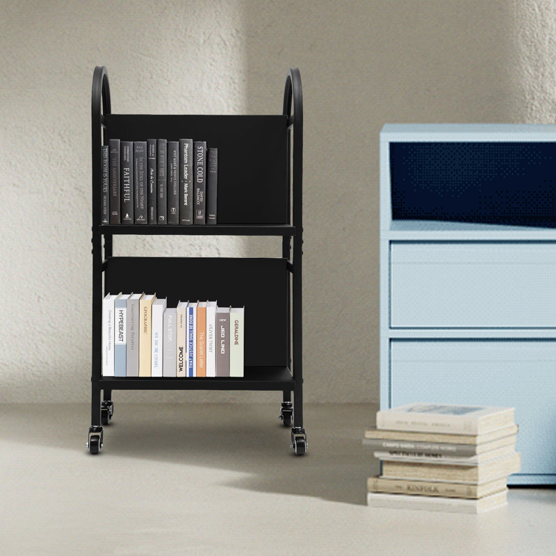 Rolling 4-compartment Book Storage and Display Stand, Black