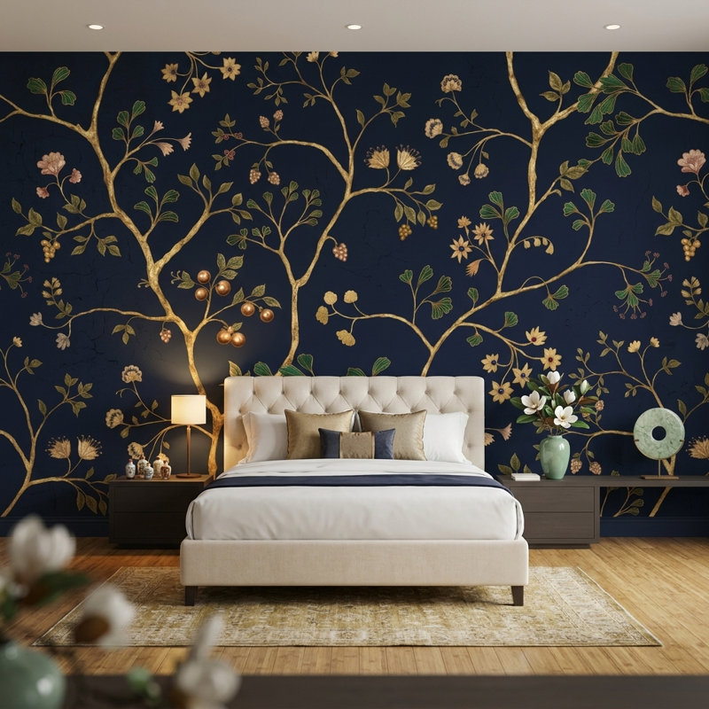 Papier peint floral foncé avec branches dorées et papier peint foncé, 100 po x 96 po, Peler et coller