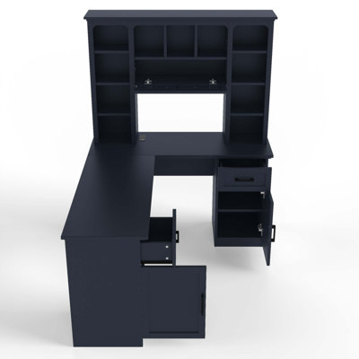 Bureau d'ordinateur en L avec 2 armoires et 2 tiroirs