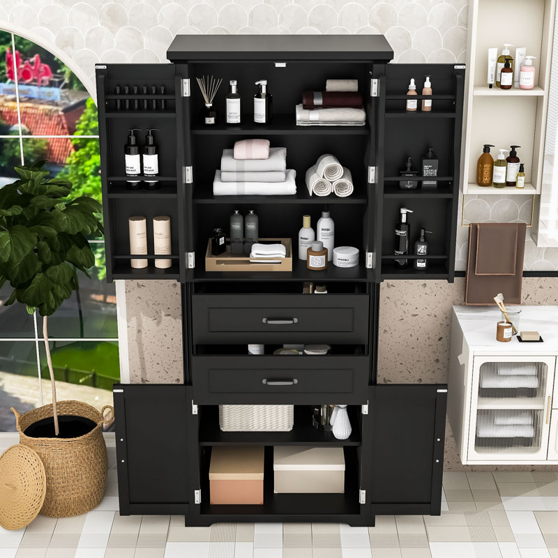 Minimalist Freestanding Storage Cabinet with Adjustable Shelf, Drawers and Anti-Tip Safety, Matte Black