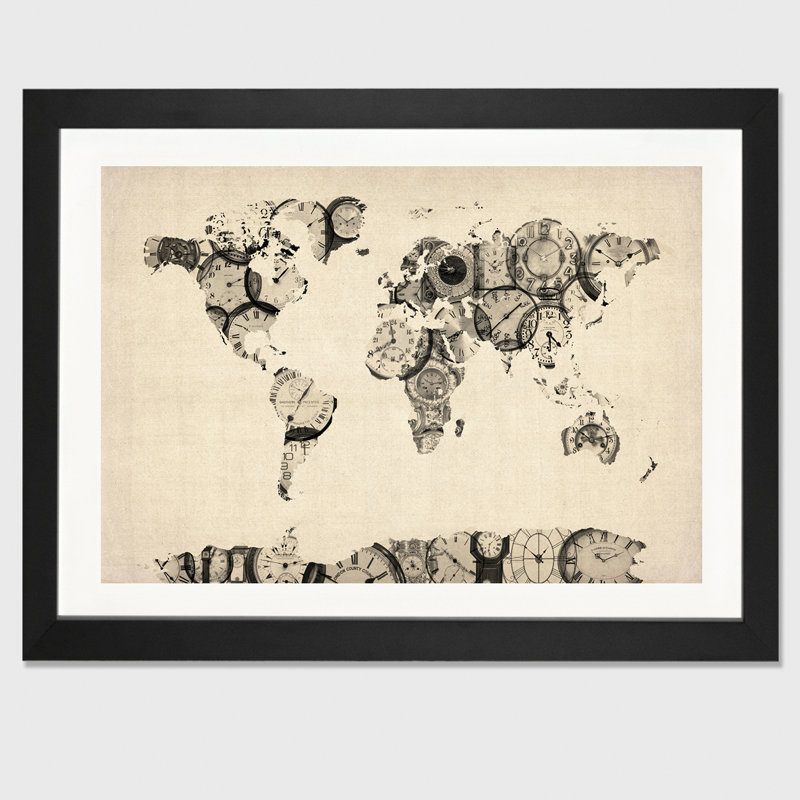 «Map of the World Map from Old Clocks», reproduction d'impression, H 16 po x l 24 po x P 1 po, Papier encadré noir