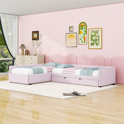 Luxurious L-Shaped Twin Upholstered Daybed with Pull-Out Trundle and Storage Drawers
