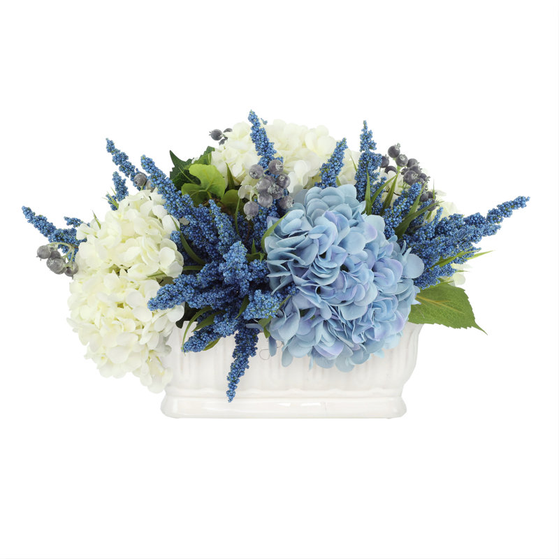 Arrangement de hortensias et bruyère Allan, Blanc / Bleu