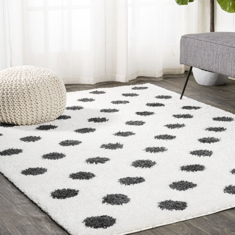 Colleps Polka Dots Ivory/Black Area Rug, Rectangle 4' x 6'