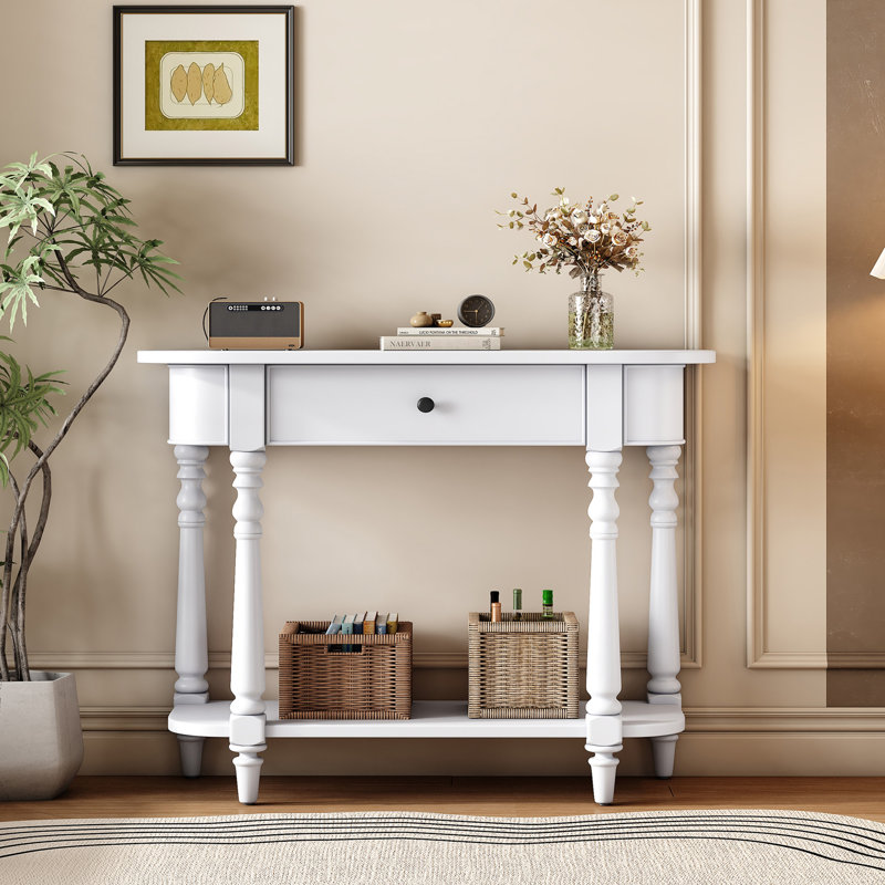Narrow Console Table With Curved Corner And Top Drawer And Open Shelf, White, White