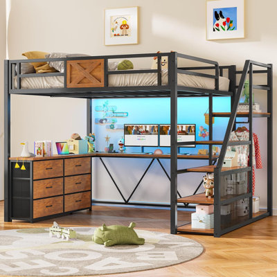 Lit mezzanine double avec bureau et escalier de rangement, lit mezzanine en métal avec 6 tiroirs de rangement, portemanteau, lumières à DEL et prise de courant pour enfants, adolescents, adultes, brun rétro